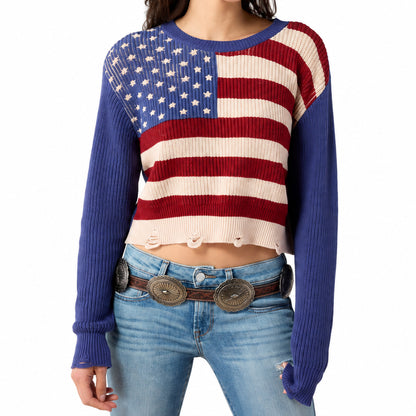 American flag knit pullover sweater with red and white stripes and star pattern, front view