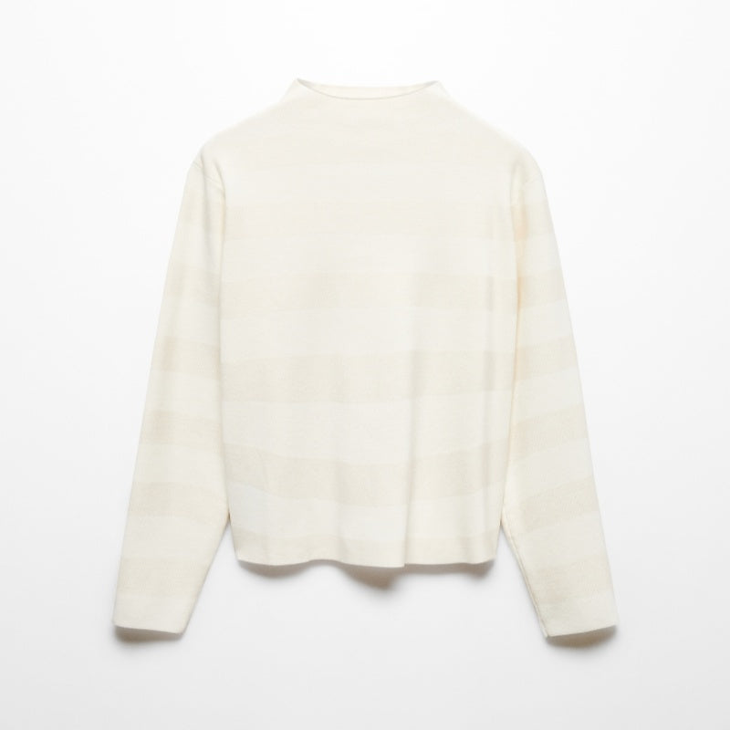 Front view of a white long-sleeve sweater with a subtle striped pattern.