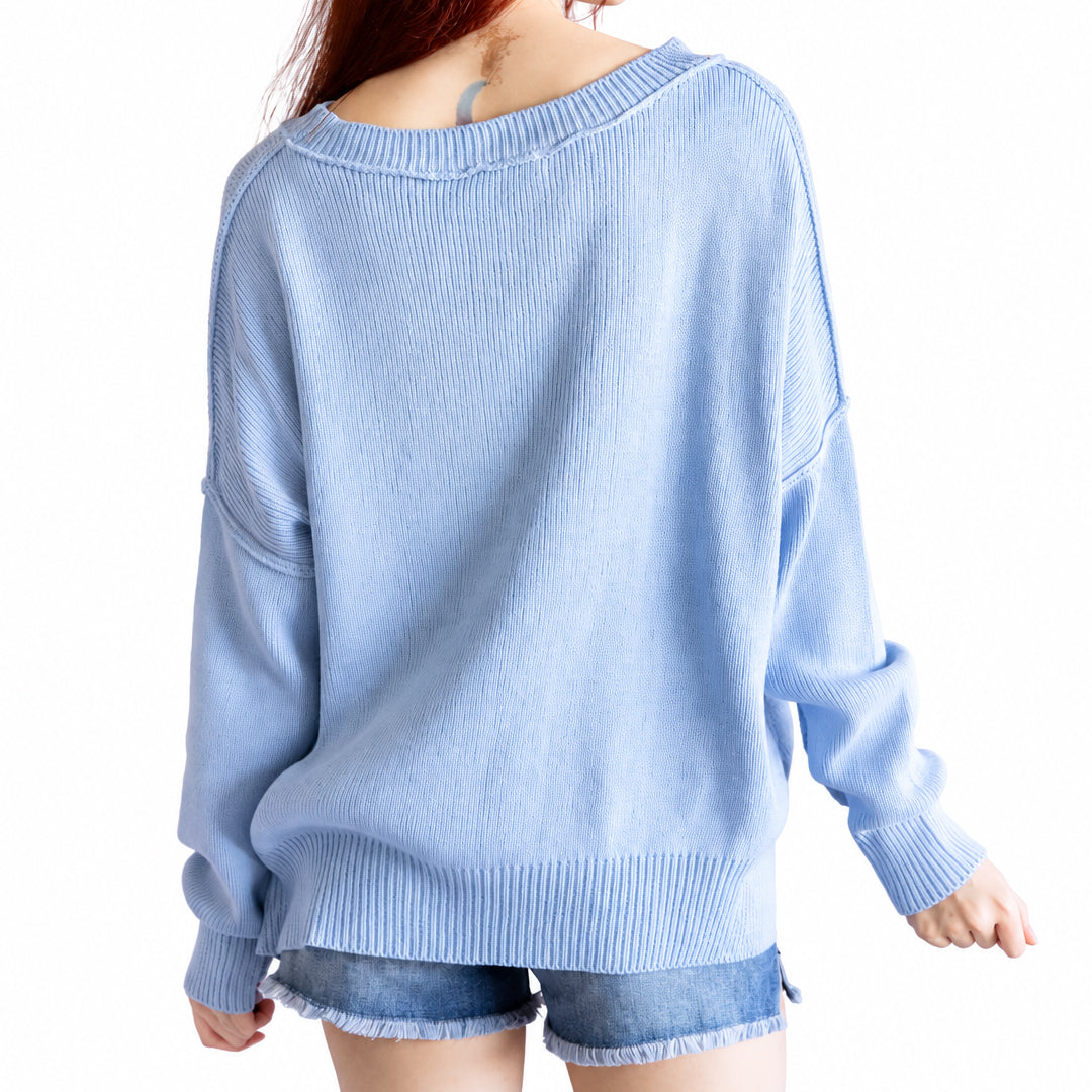 Back view of light blue crew neck pullover with plain knit design
