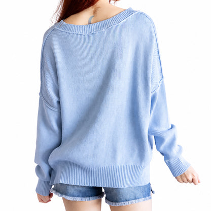 Back view of light blue crew neck pullover with plain knit design