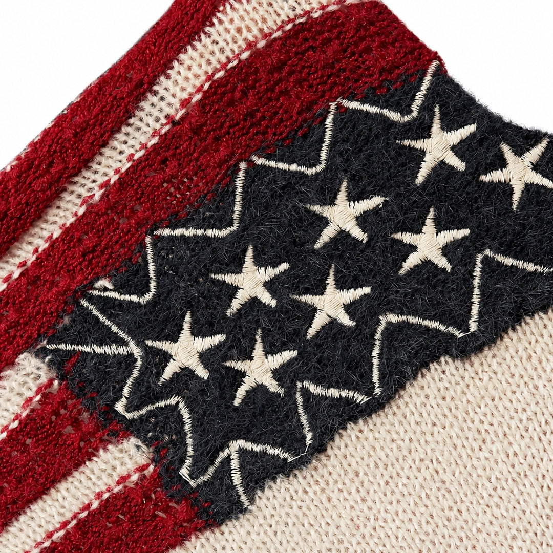 Close-up of navy stars and red white stripes on knit fabric