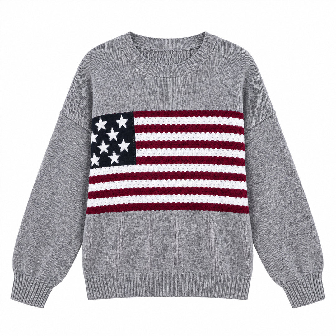 Front flat lay of grey sweater with American flag chest design