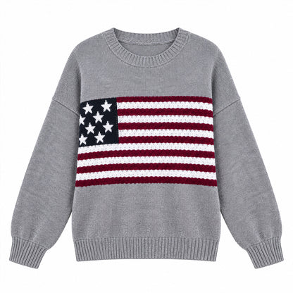 Front flat lay of grey sweater with American flag chest design