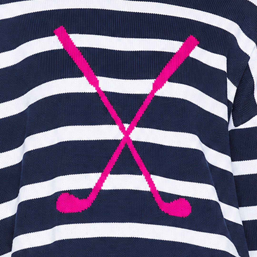 Close-up of the pink crossed-stick graphic on a striped knit sweater
