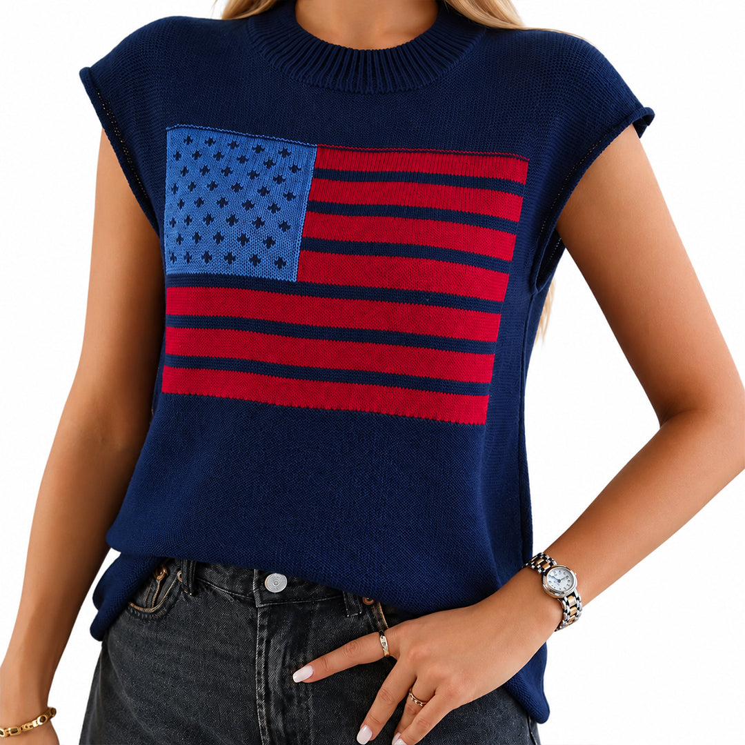 Front view of navy knit sweater vest with red white and blue flag graphic