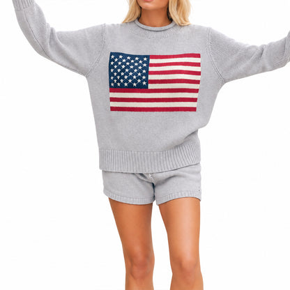 Back view of grey oversized crew neck sweater