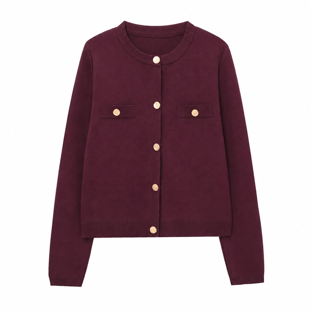 Burgundy women's knit cardigan with round neck and gold-tone buttons