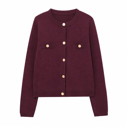 Burgundy women's knit cardigan with round neck and gold-tone buttons