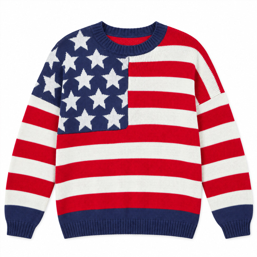 Front view of red white and blue star and stripe knit pullover