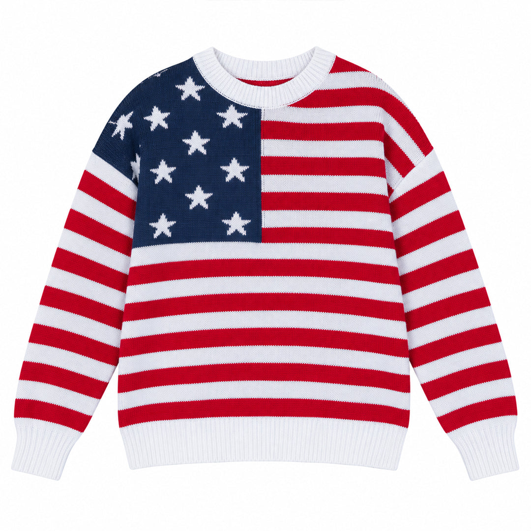 Front flat lay of American flag striped crew neck pullover