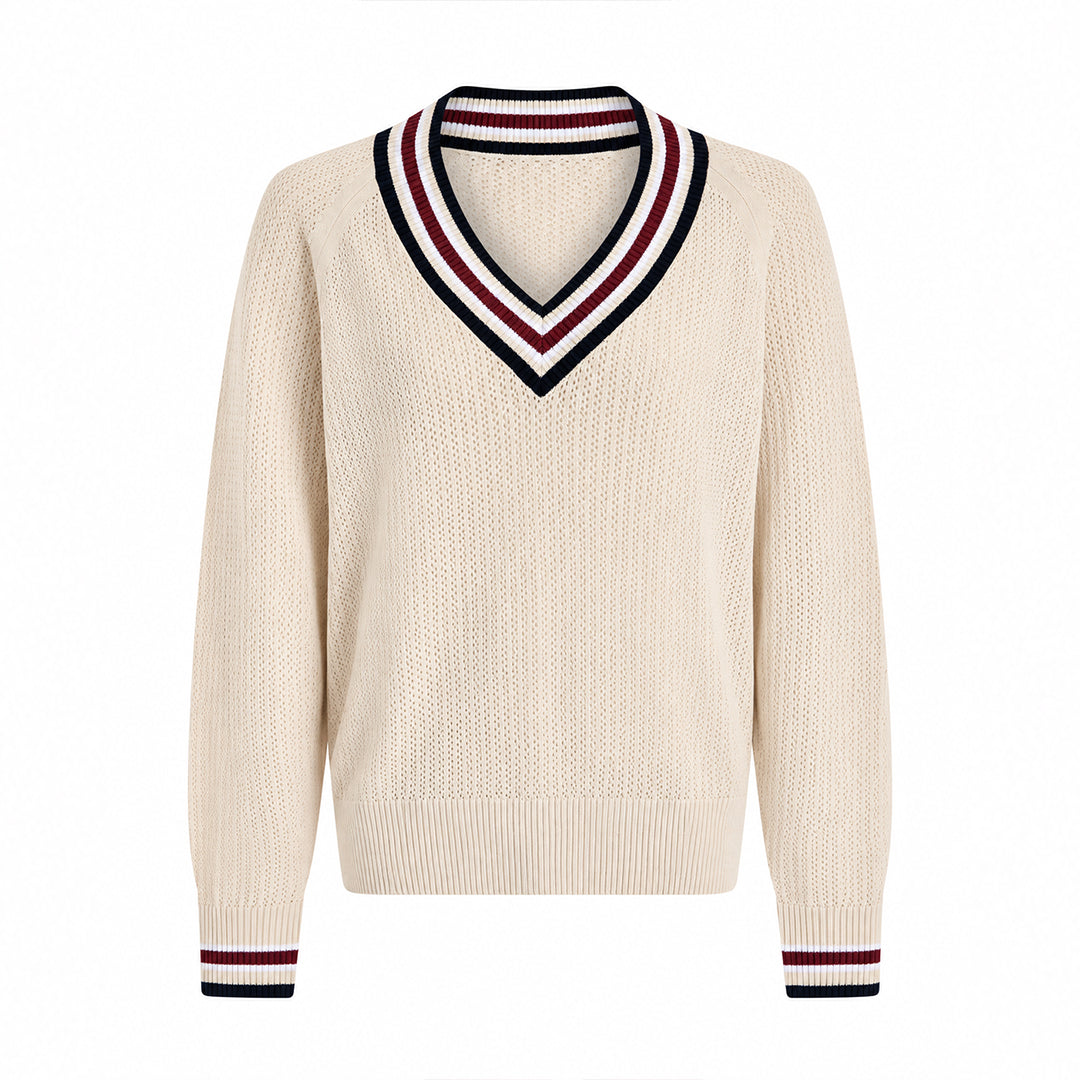 Cream V-neck varsity sweater with navy and burgundy striped trim