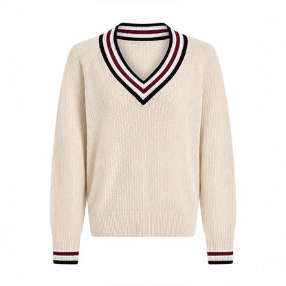 Cream V-neck varsity sweater with navy and burgundy striped trim
