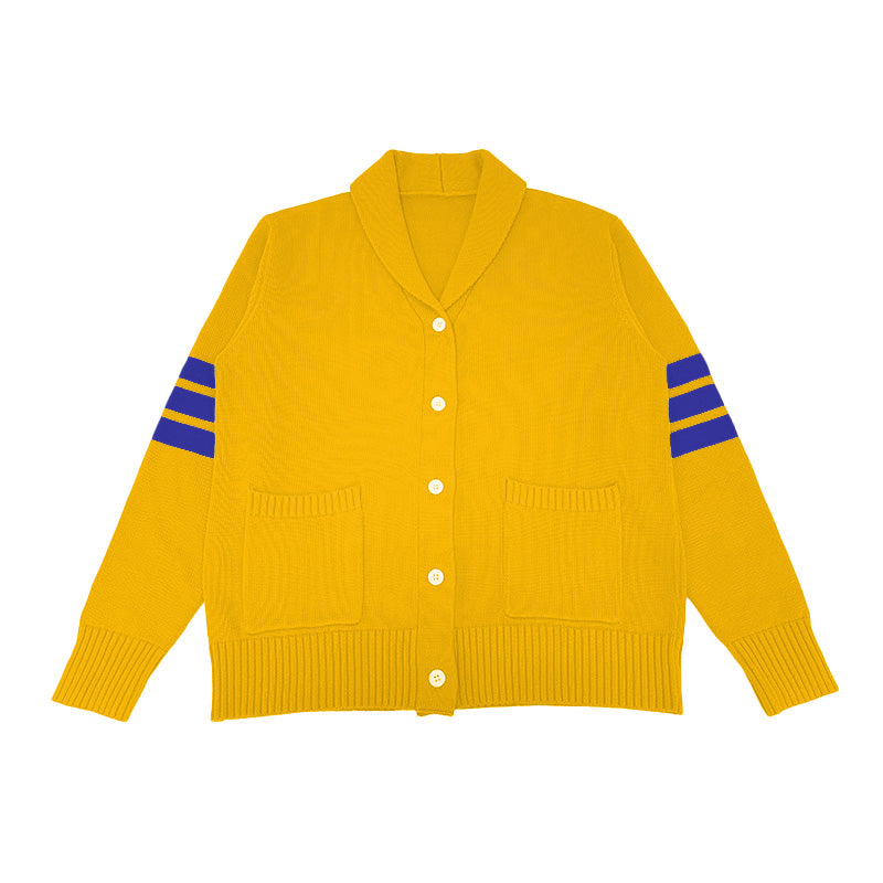 Yellow Greek letter cardigan with royal blue sleeve stripes – bold option for custom group apparel