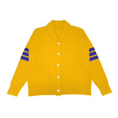 Yellow Greek letter cardigan with royal blue sleeve stripes – bold option for custom group apparel