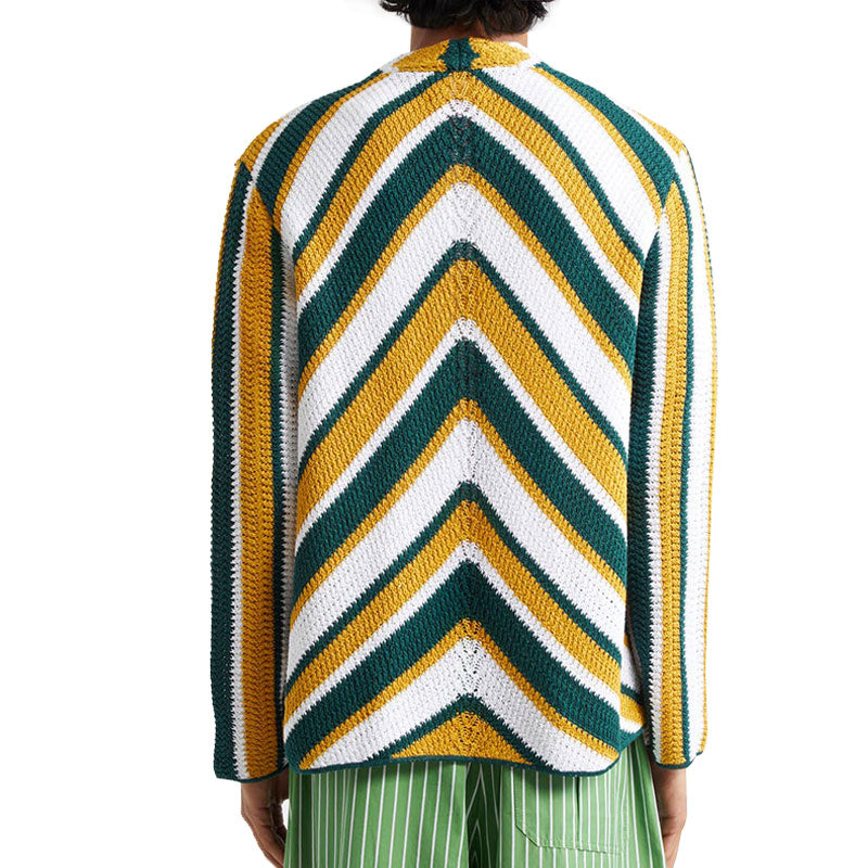  Back view of a custom stripe cardigan featuring green, mustard, and white stripes on a model.