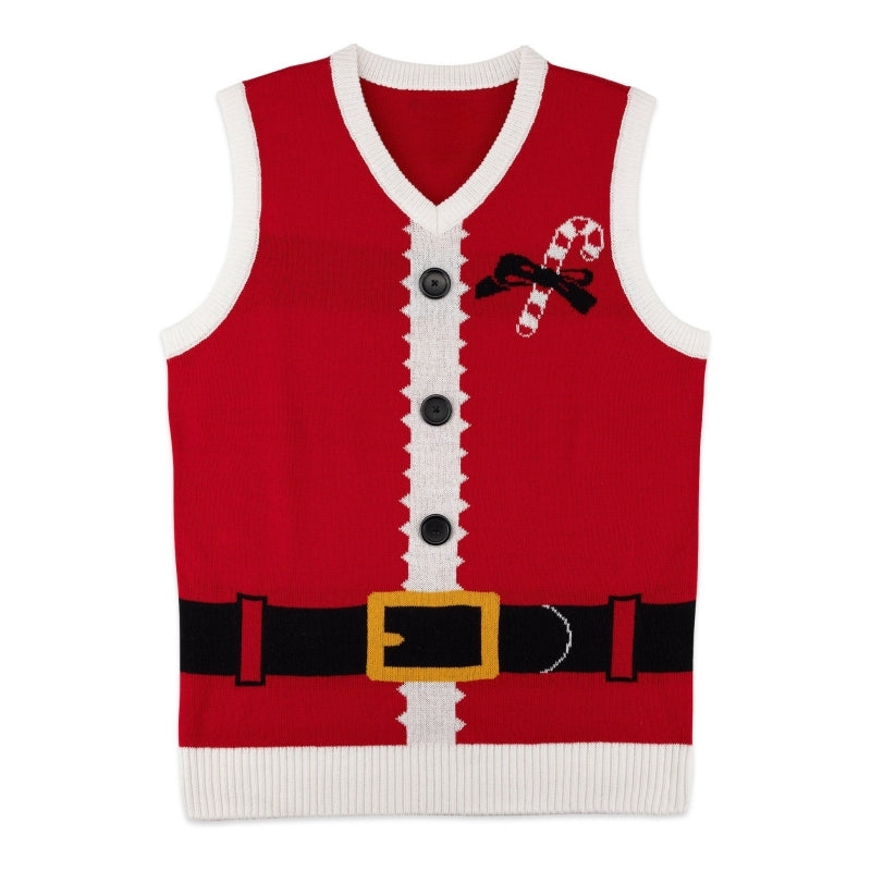 "custom-v-neck-100-cotton-knit-christmas-vest-sweater-santa-front."Front view of a custom V-neck 100% cotton knit Christmas vest sweater with Santa design by PAPAGARMENT"