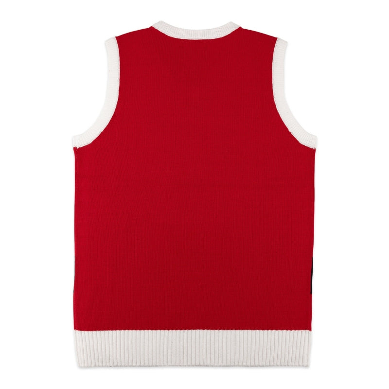 "custom-v-neck-100-cotton-knit-christmas-vest-sweater-santa-back."Back view of a custom V-neck 100% cotton knit Christmas vest sweater in red by PAPAGARMENT"