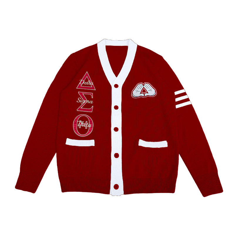 Custom Delta Sigma Theta cardigan for sorority members, featuring embroidered Greek life symbols, including the Delta letters and hand sign design, ideal for sorority group orders and special events