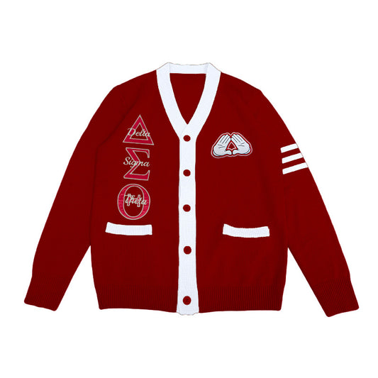 Custom Delta Sigma Theta cardigan for sorority members, featuring embroidered Greek life symbols, including the Delta letters and hand sign design, ideal for sorority group orders and special events