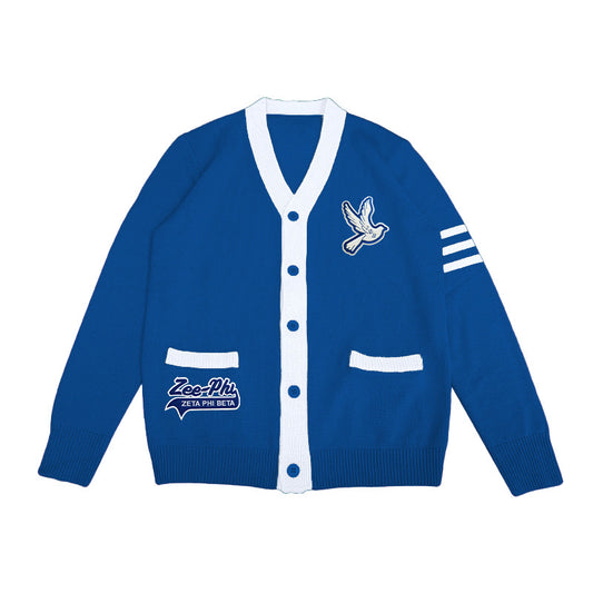 Custom Zeta Phi Beta cardigan for sorority members, featuring embroidered logo and classic Greek life style with a stylish bird design, ideal for group orders