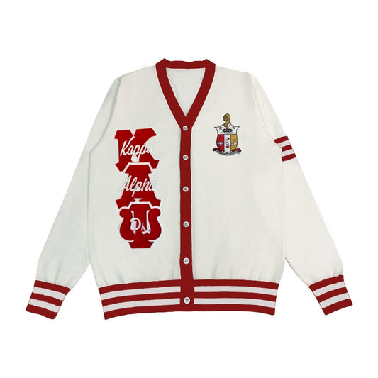 Custom Kappa Alpha Psi cardigan with bold embroidered letters and crest, designed for Greek organizations and team spirit wear