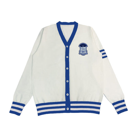 Custom Phi Beta Sigma cardigan with embroidered crest, featuring blue and white stripes, ideal for Greek life and fraternity spirit wear