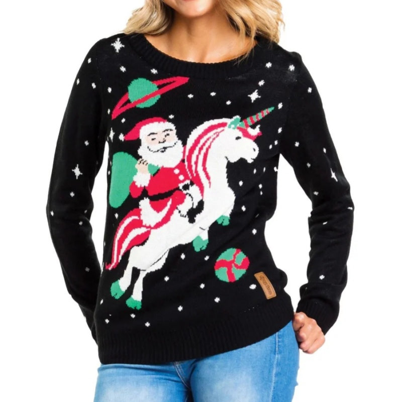 Custom Christmas sweater with a whimsical design of Santa Claus riding a unicorn in space, featuring festive colors and a black background.