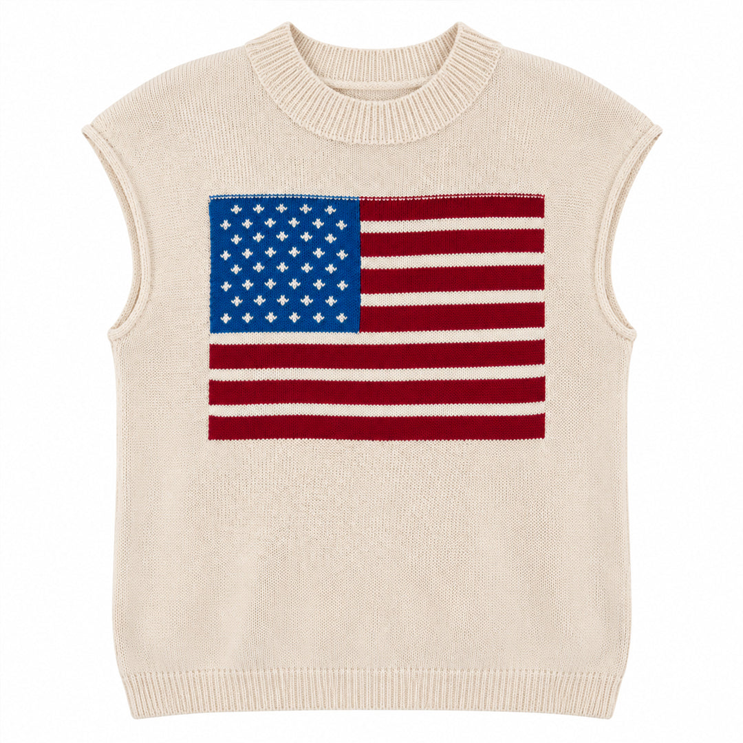 Cream American flag sleeveless knit vest shown flat