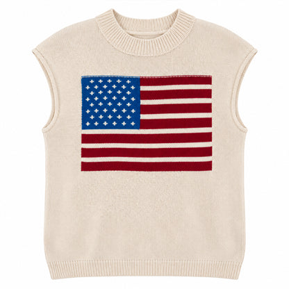 Cream American flag sleeveless knit vest shown flat
