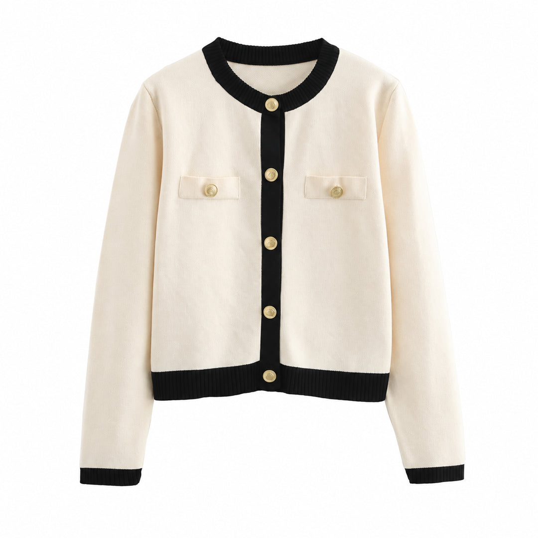 Cream women's knit cardigan with black edging and button-front fastening