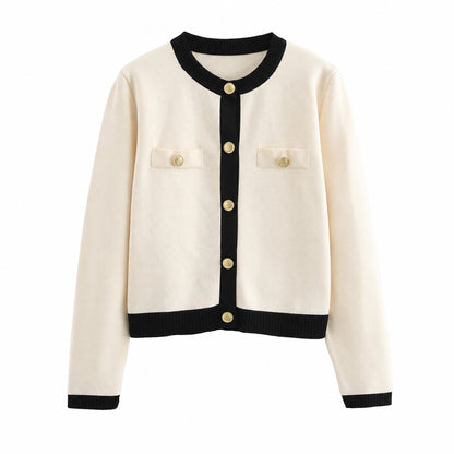 Cream women's knit cardigan with black edging and button-front fastening
