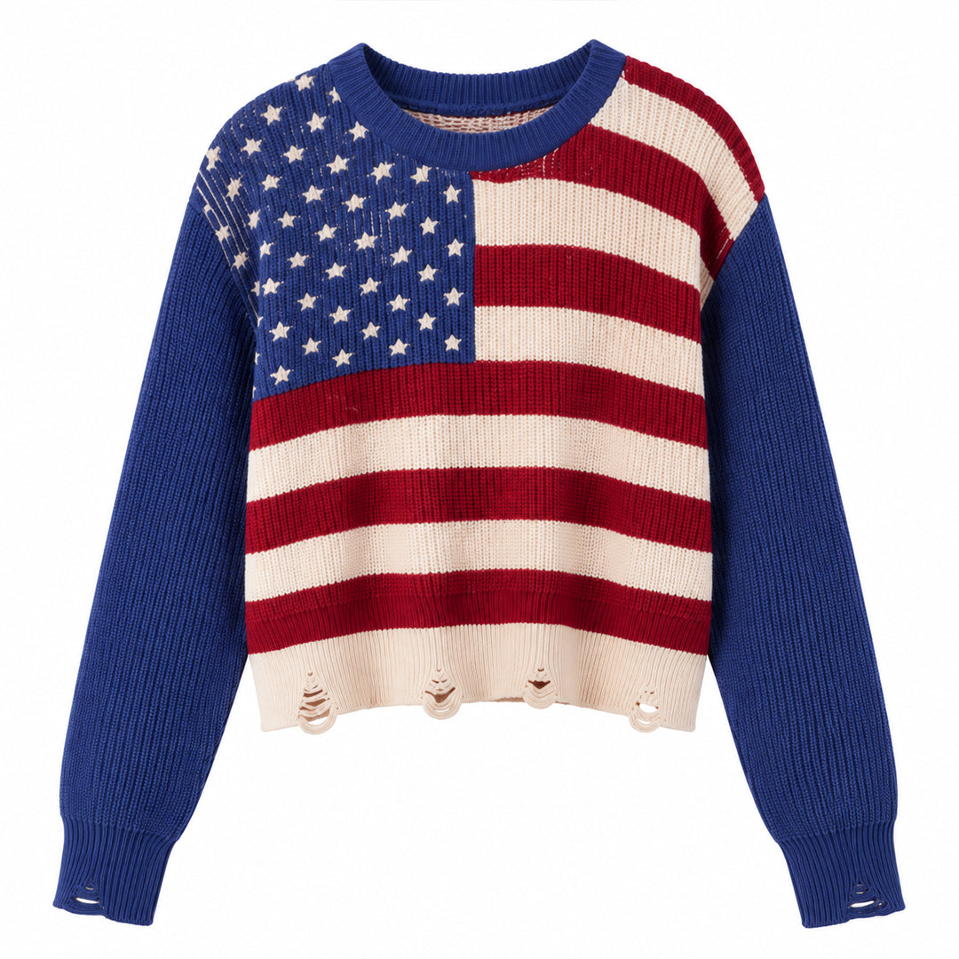 Blue American flag crew neck pullover sweater with long sleeves and ribbed trims on a plain background
