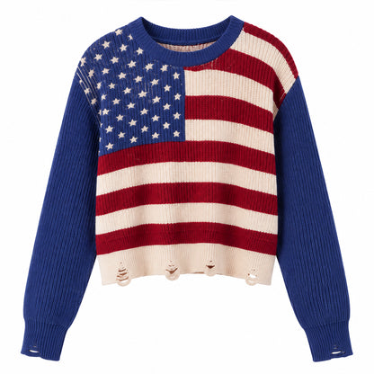 Blue American flag crew neck pullover sweater with long sleeves and ribbed trims on a plain background