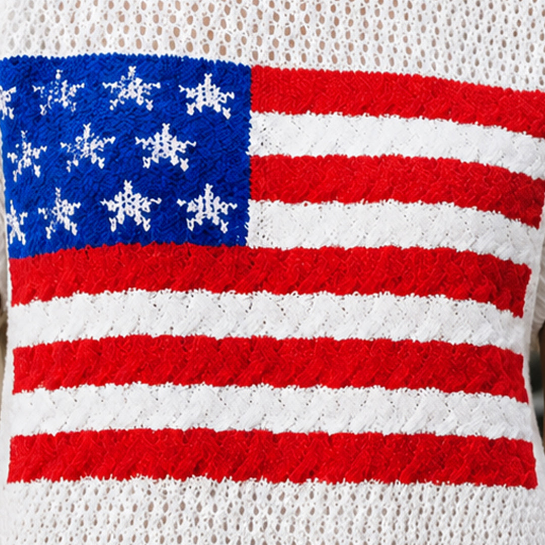 Close-up of American flag stars and stripes on knit fabric