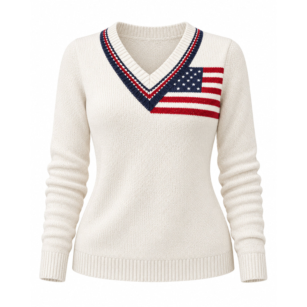Cream American flag V-neck sweater with long sleeves and ribbed cuffs