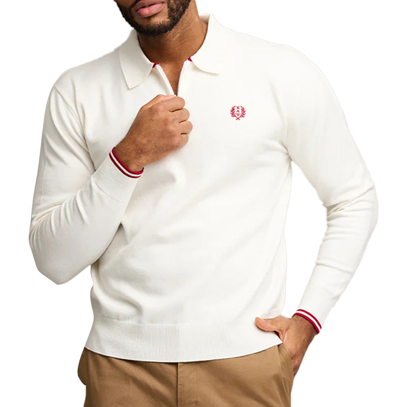 Custom cream-colored Greek embroidery sweater with Kappa Alpha Psi logo on the chest, designed for fraternities. OEM manufacturer offering bulk orders