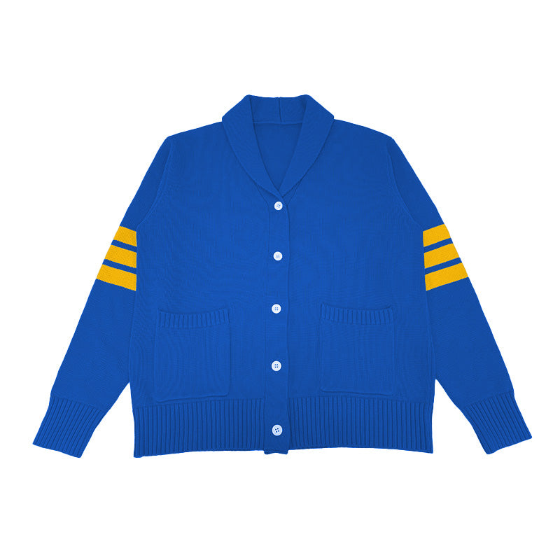 Royal blue custom cardigan with yellow triple stripe sleeves – perfect for fraternity or team uniforms