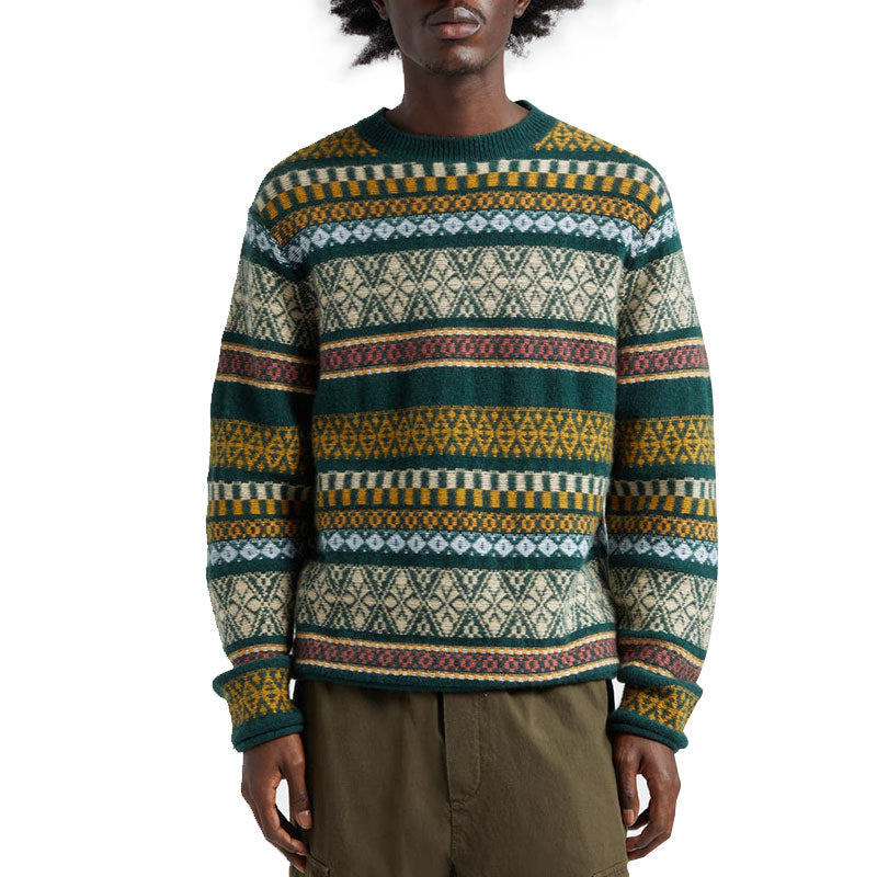 Model wearing custom men's embroidered cotton blend pullover sweater