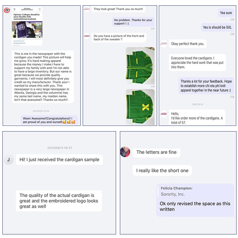 Feedback from custom letter cardigan clients: showcasing customer satisfaction and interactions.