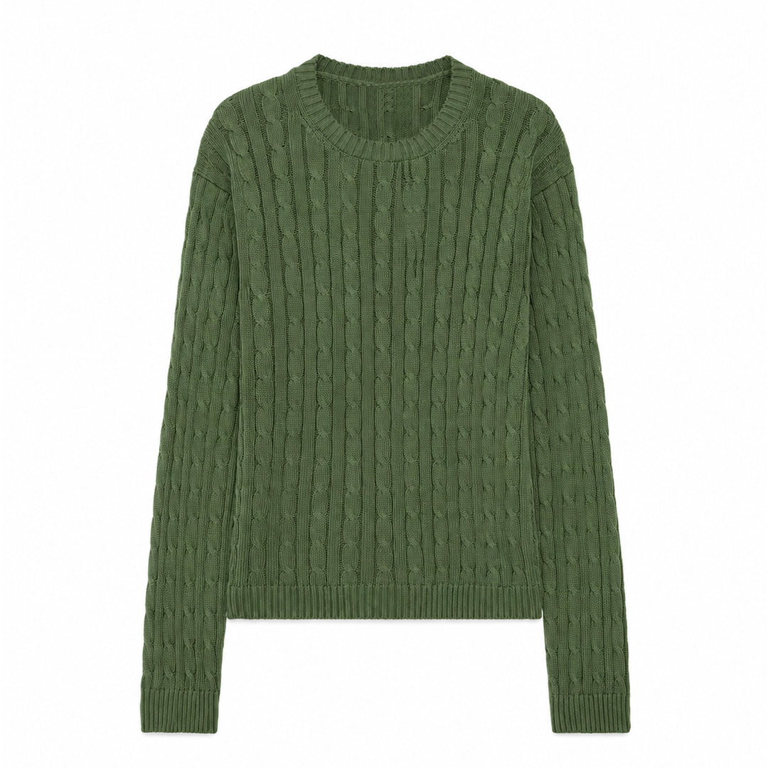 Green cable knit pullover with ribbed hem, front view
