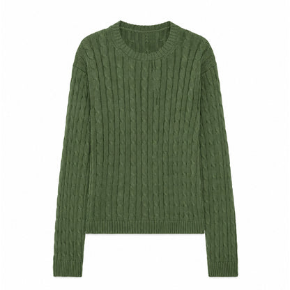 Green cable knit pullover with ribbed hem, front view