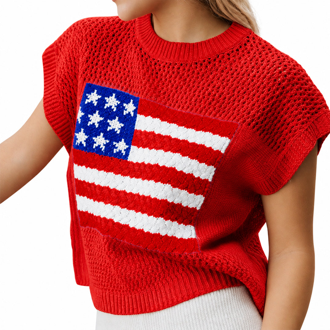 Side view of red short sleeve sweater with flag graphic