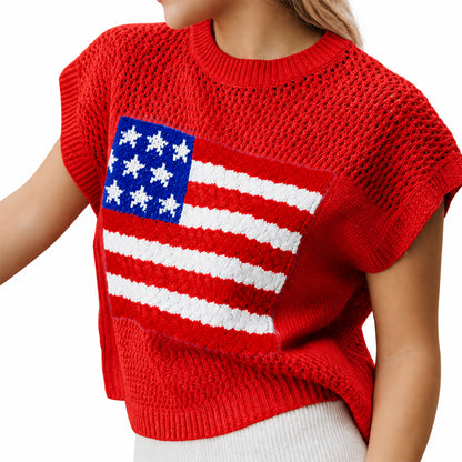 Side view of red short sleeve sweater with flag graphic