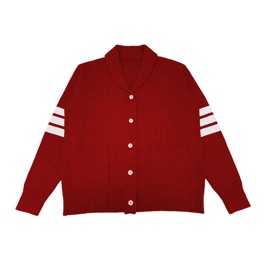 Red custom cardigan with white sleeve stripes – classic knitwear for Greek organizations and clubs