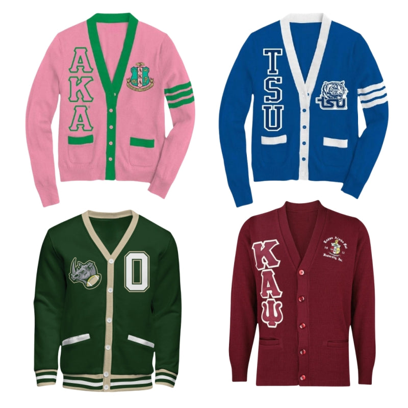 Custom letter cardigans for fraternities, sororities, and HBCUs in various colors and designs.