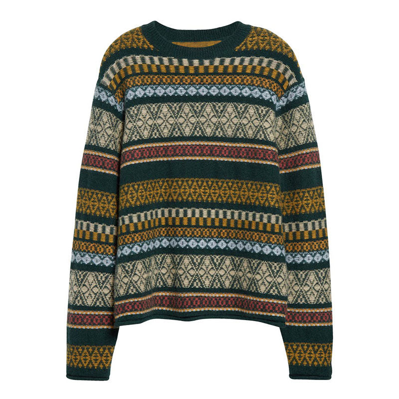 Front view of custom embroidery cotton blend knit sweater with intricate pattern