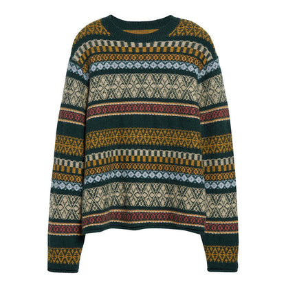 Front view of custom embroidery cotton blend knit sweater with intricate pattern