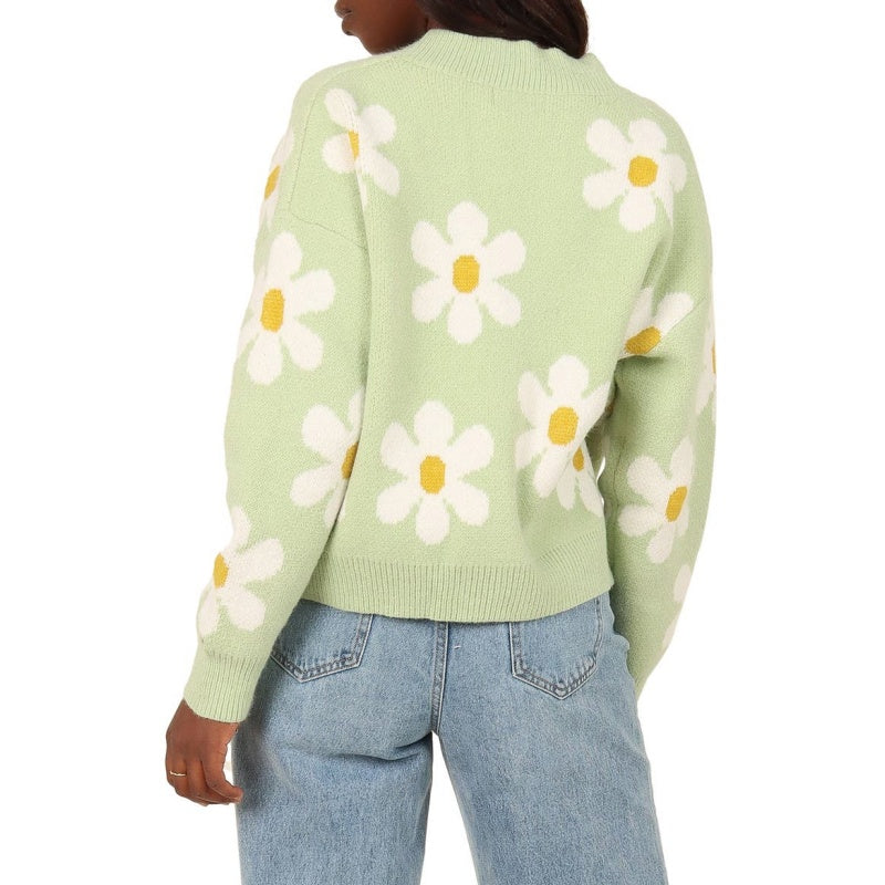 Custom women embroidery knit sweater in light green, showing the white daisy embroidery from the back.