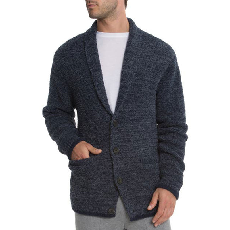 Front view of custom man cardigan sweater with shawl collar and pocket, solid knit, OEM/ODM knitwear