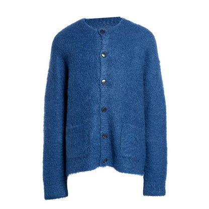 Blue custom wholesale wool blend solid crew neck men's cardigan sweater